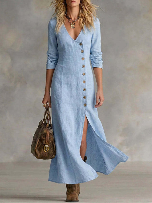 Boho Linen Maxi Dress with V-Neckline and Button Front