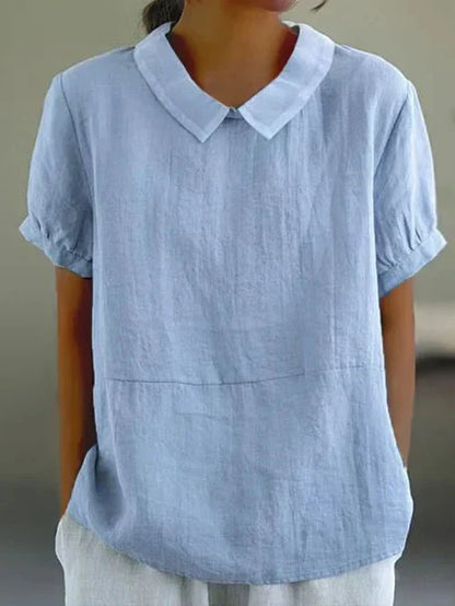Casual Linen Blouse with Peter Pan Collar and Short Sleeves