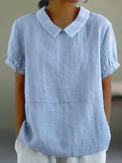Casual Linen Blouse with Peter Pan Collar and Short Sleeves