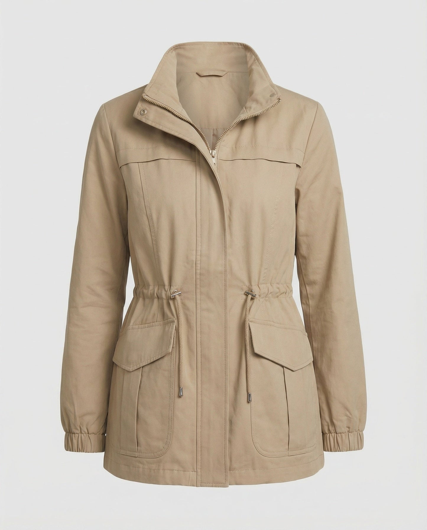 Casual Utility Jacket with Drawstring Waist and Flap Pockets