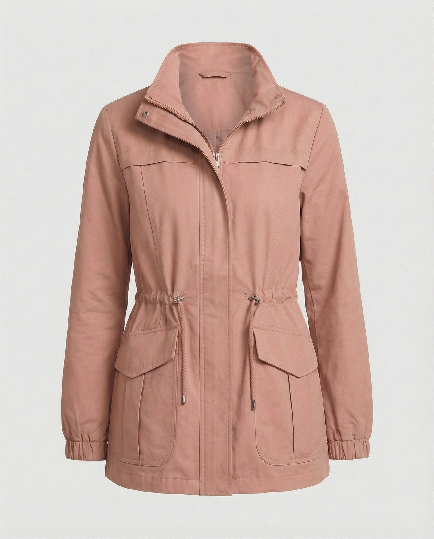 Casual Utility Jacket with Drawstring Waist and Flap Pockets