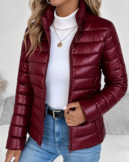 Lightweight Puffer Jacket with Stand Collar and Zip Closure
