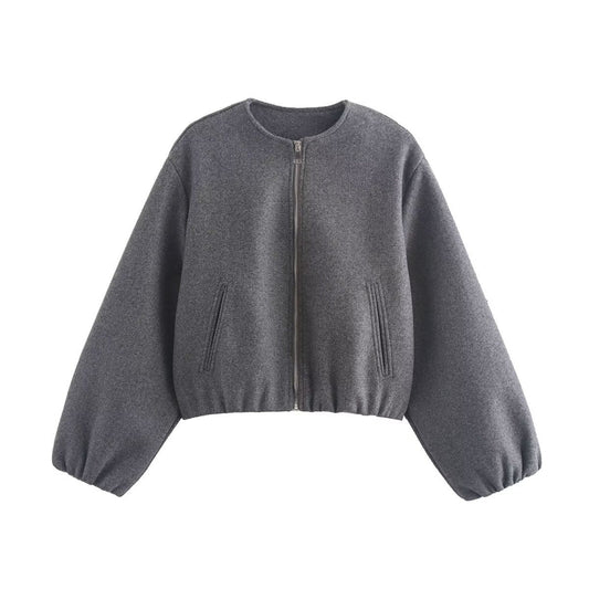 Cropped Relaxed Bomber Jacket with Elasticated Hem and Cuffs