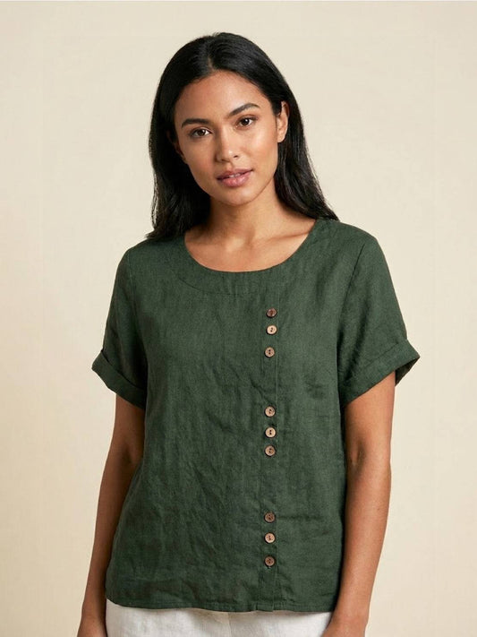 Relaxed Linen Top with Button Detail and Rolled Sleeves