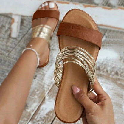 Chique Flat Sandals with Multi-Strand Gold Strap Detail
