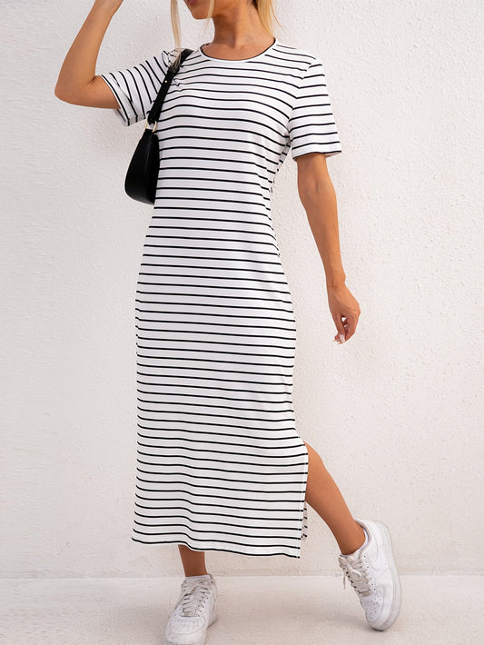 Striped Jersey Midi Dress with Side Split and Short Sleeves