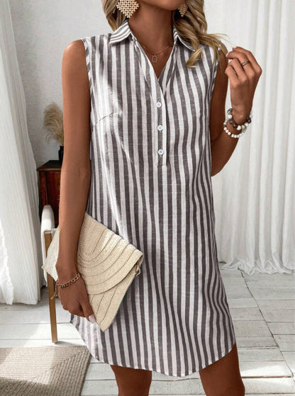 Striped Sleeveless Shirt Dress with Button-Up Front and Curved Hem
