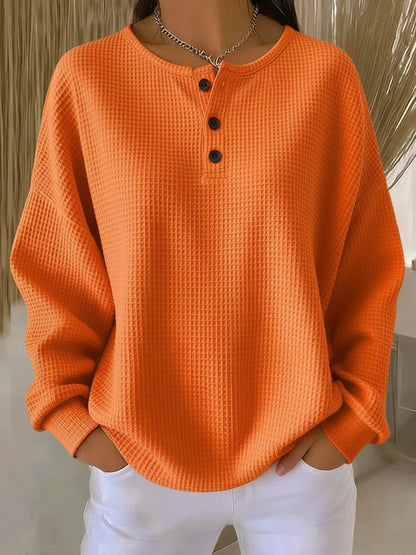 Waffle Knit Sweatshirt with Henley Neckline and Drop Shoulders