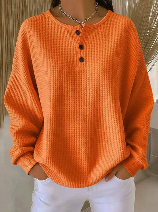 Waffle Knit Sweatshirt with Henley Neckline and Drop Shoulders