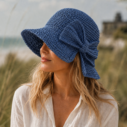 Woven Straw Sun Hat with Wide Brim and Bow Detail